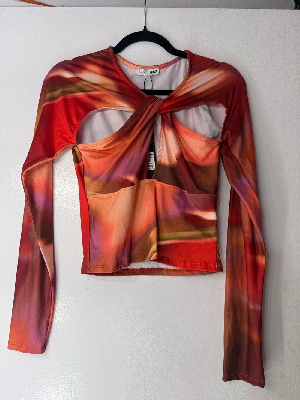 Fashion Nova Red Orange Multi Twist Front Cutout Long Sleeve Top